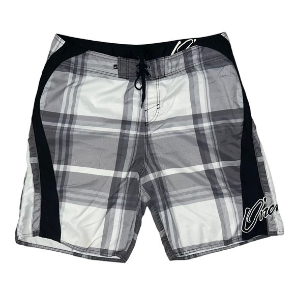 ONeill Board Shorts Mens 38 Checkered Check Pocket Embroidered Logo Swimwear - Picture 1 of 8